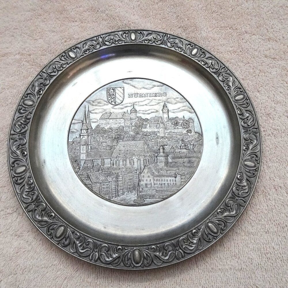 BMF Zinn 94% Pewter Plate Nurnberg German Vintage 8.25" Nuremberg